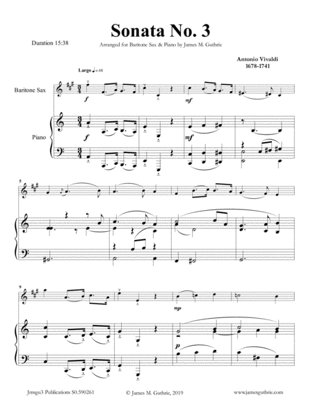 Vivaldi Sonata No 3 For Baritone Sax Piano Sheet Music