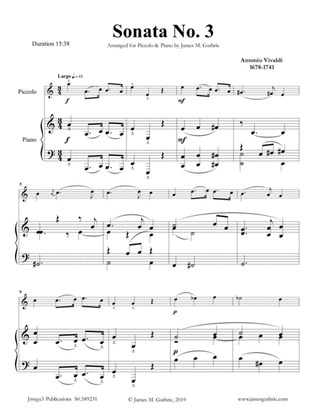 Free Sheet Music Vivaldi Sonata No 3 For Piccolo Piano