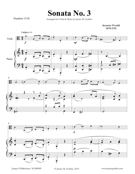 Vivaldi Sonata No 3 For Viola Piano Sheet Music