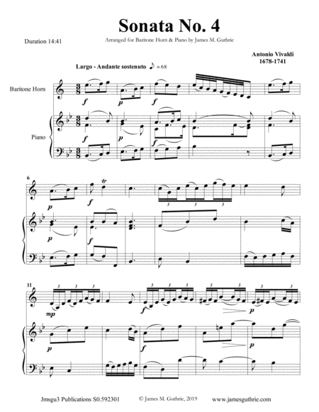 Free Sheet Music Vivaldi Sonata No 4 For Baritone Horn Piano