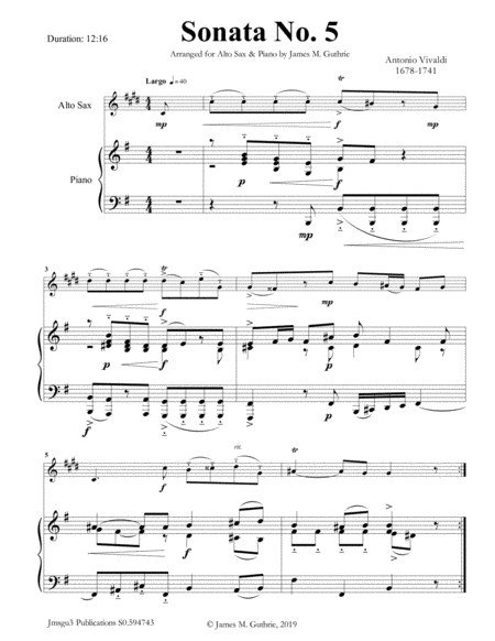 Free Sheet Music Vivaldi Sonata No 5 For Alto Sax Piano