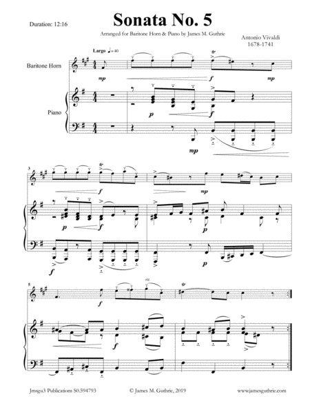 Free Sheet Music Vivaldi Sonata No 5 For Baritone Horn Piano