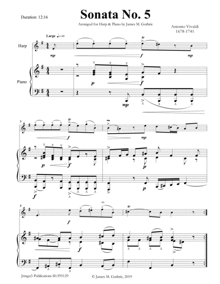 Vivaldi Sonata No 5 For Harp Piano Sheet Music