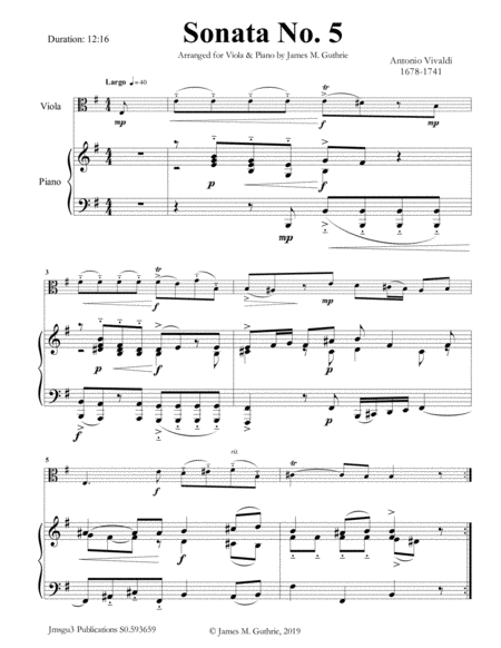 Vivaldi Sonata No 5 For Viola Piano Sheet Music