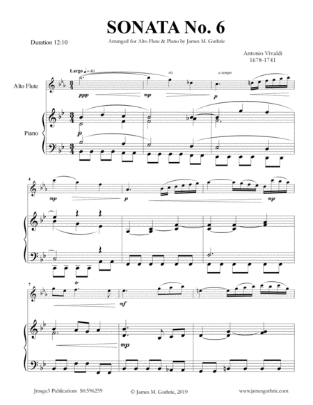 Vivaldi Sonata No 6 For Alto Flute Piano Sheet Music