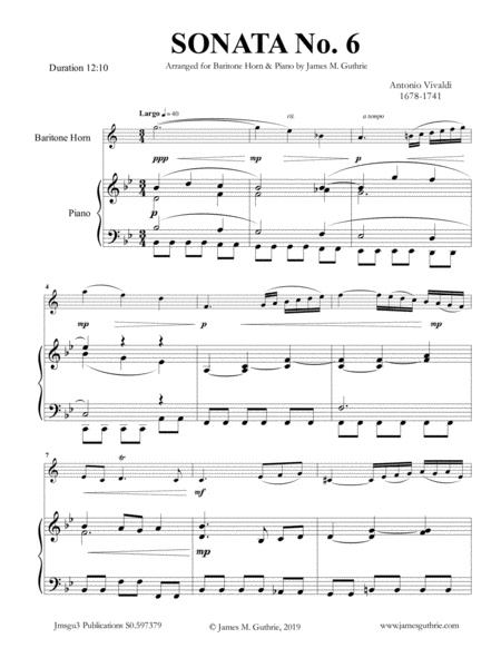 Free Sheet Music Vivaldi Sonata No 6 For Baritone Horn Piano