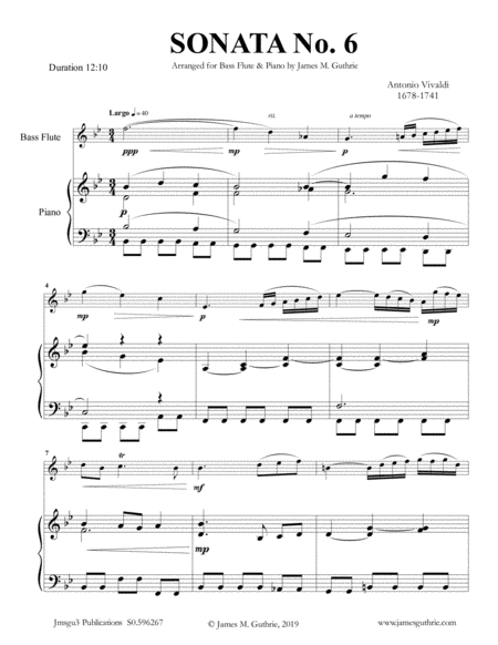 Vivaldi Sonata No 6 For Bass Flute Piano Sheet Music