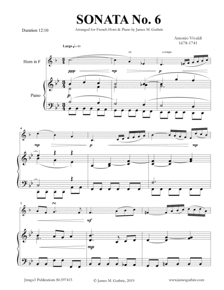 Vivaldi Sonata No 6 For French Horn Piano Sheet Music