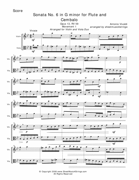 Vivaldi Sonata No 6 Mvt 1 For Violin And Viola Sheet Music