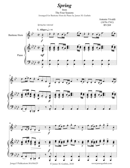 Vivaldi Spring From The Four Seasons For Baritone Horn Piano Sheet Music