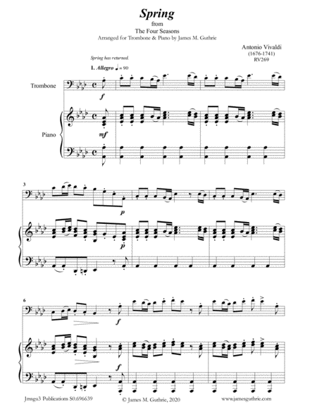 Vivaldi Spring From The Four Seasons For Trombone Piano Sheet Music