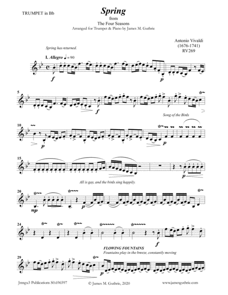 Vivaldi Spring From The Four Seasons For Trumpet Piano Sheet Music