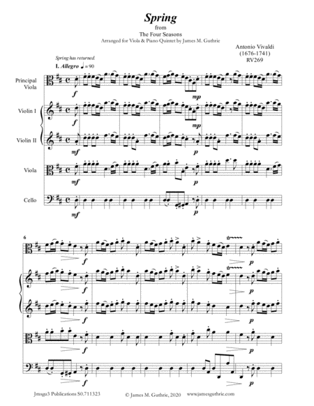 Free Sheet Music Vivaldi Spring From The Four Seasons For Viola String Quartet