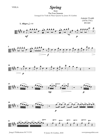 Vivaldi Spring From The Four Seasons For Violin Piano Quartet Sheet Music