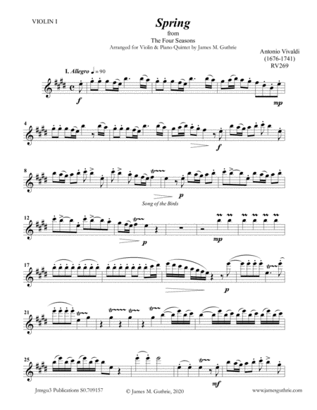 Vivaldi Spring From The Four Seasons For Violin Piano Quintet Sheet Music