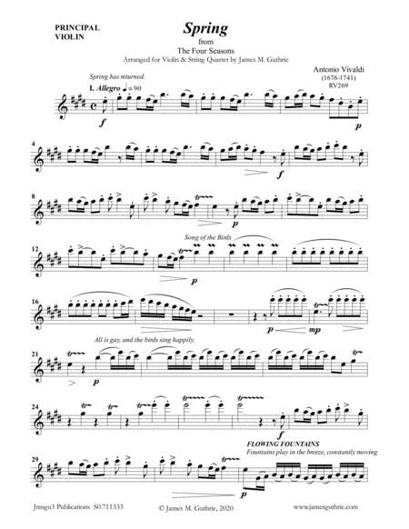 Free Sheet Music Vivaldi Spring From The Four Seasons For Violin String Quartet