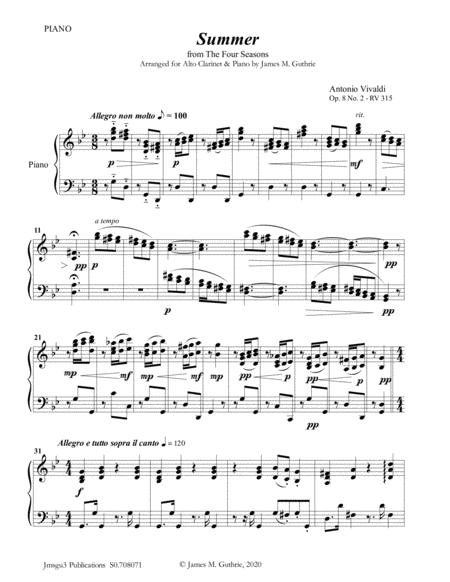 Vivaldi Summer From The Four Seasons For Alto Clarinet Piano Sheet Music