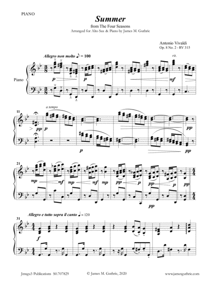 Free Sheet Music Vivaldi Summer From The Four Seasons For Alto Sax Piano
