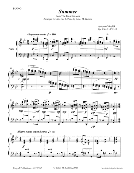 Vivaldi Summer From The Four Seasons For Alto Sax Piano Sheet Music