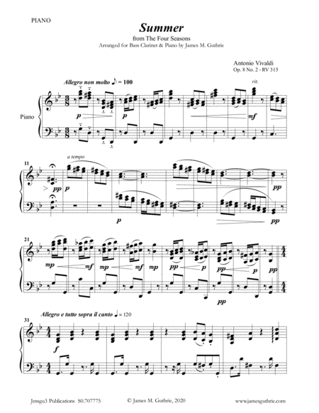 Free Sheet Music Vivaldi Summer From The Four Seasons For Bass Clarinet Piano