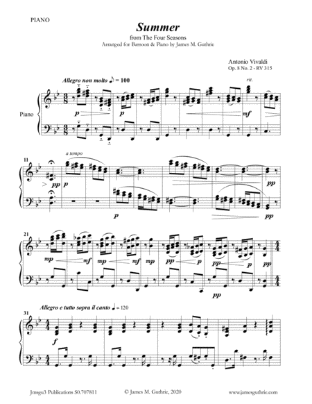 Free Sheet Music Vivaldi Summer From The Four Seasons For Bassoon Piano