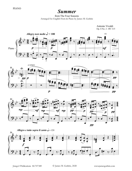 Free Sheet Music Vivaldi Summer From The Four Seasons For English Horn Piano
