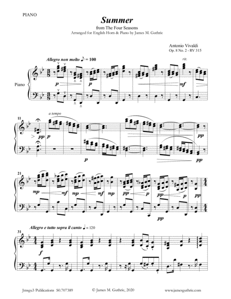 Vivaldi Summer From The Four Seasons For English Horn Piano Sheet Music