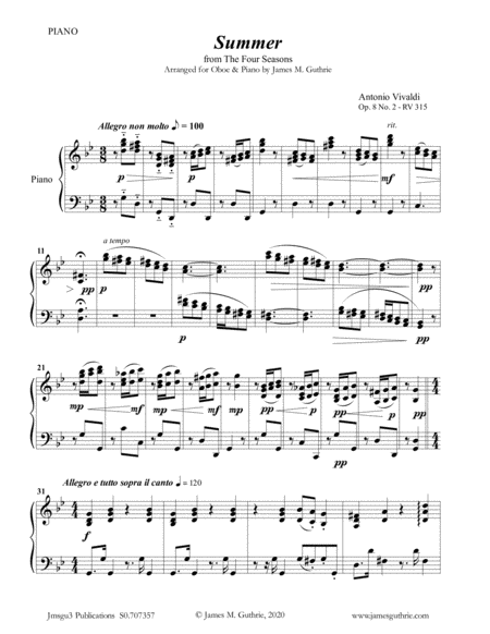 Vivaldi Summer From The Four Seasons For Oboe Piano Sheet Music