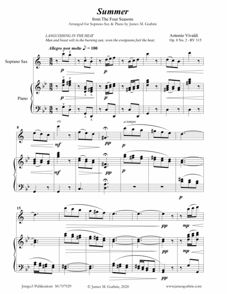 Vivaldi Summer From The Four Seasons For Soprano Sax Piano Sheet Music