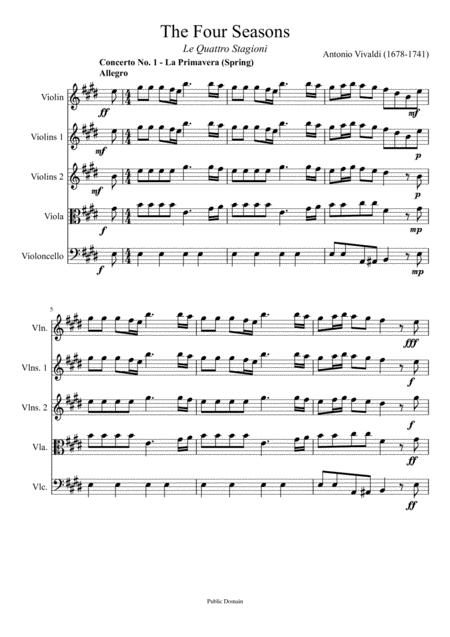 Vivaldi The Four Seasons For String Quintet Sheet Music