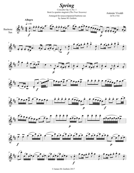Free Sheet Music Vivaldi The Four Seasons Spring For Solo Baritone Sax