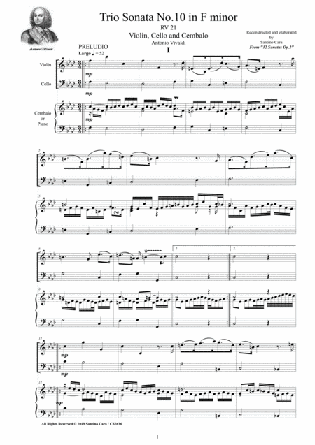 Free Sheet Music Vivaldi Trio Sonata No 10 In F Minor Rv 21 Op 2 For Violin Cello And Cembalo Or Piano