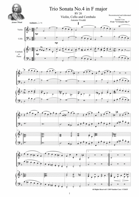 Free Sheet Music Vivaldi Trio Sonata No 4 In F Major Rv 20 Op 2 For Violin Cello And Cembalo Or Piano