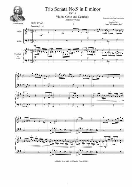 Free Sheet Music Vivaldi Trio Sonata No 9 In E Minor Rv 16 Op 2 For Violin Cello And Cembalo Or Piano