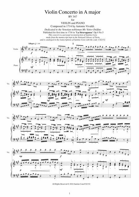 Vivaldi Violin Concerto In A Major Rv 347 Op 4 No 5 For Violin And Piano Sheet Music