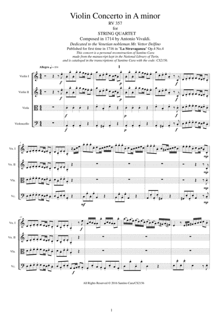 Vivaldi Violin Concerto In A Minor Rv 357 Op 4 No 4 For String Quartet Sheet Music