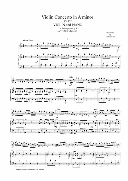 Vivaldi Violin Concerto In A Minor Rv 357 Op 4 No 4 For Violin And Piano Sheet Music