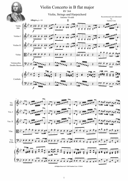 Vivaldi Violin Concerto In B Flat Major Rv 364 For Violin Strings And Cembalo Sheet Music