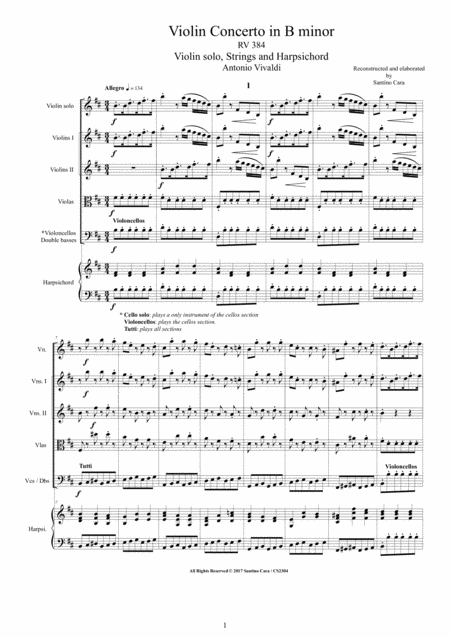 Vivaldi Violin Concerto In B Minor Rv 384 For Violin Strings And Harpsichord Sheet Music