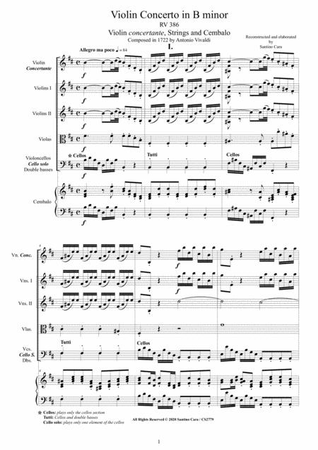 Vivaldi Violin Concerto In B Minor Rv 386 For Violin Strings And Cembalo Sheet Music