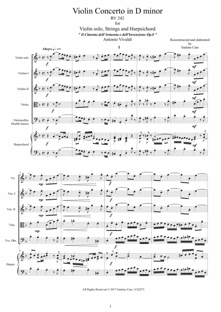 Vivaldi Violin Concerto In D Minor Rv 242 Op 8 No 7 For Violin Strings And Harpsichord Sheet Music