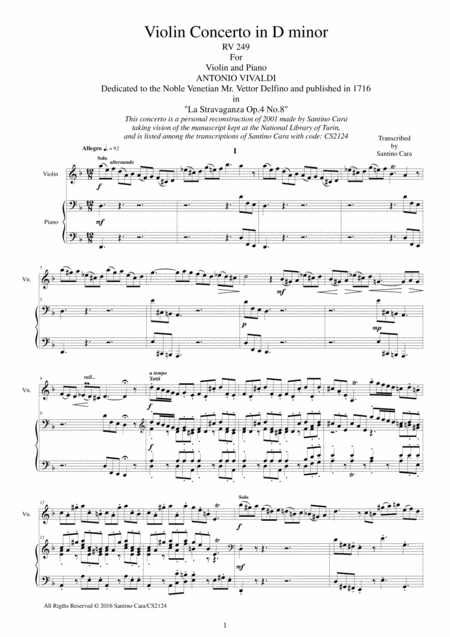 Free Sheet Music Vivaldi Violin Concerto In D Minor Rv 249 Op 4 No 8 For Violin And Piano