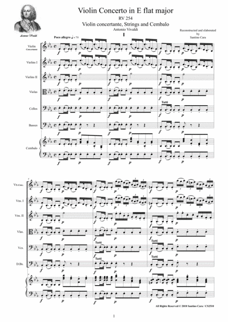 Vivaldi Violin Concerto In E Flat Major Rv 254 For Violin Strings And Cembalo Sheet Music