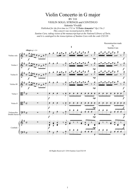 Vivaldi Violin Concerto In G Major Rv 310 Op 3 No 3 For Violin Solo Strings And Continuo Sheet Music