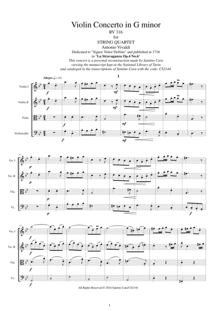 Vivaldi Violin Concerto In G Minor Rv 316 Op 4 No 6 For Strings Quartet Sheet Music