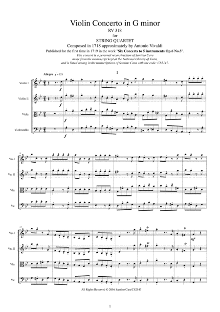 Vivaldi Violin Concerto In G Minor Rv 318 Op 6 No 3 For String Quartet Sheet Music