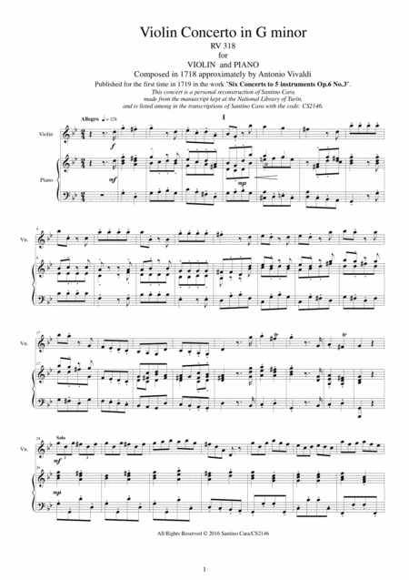 Vivaldi Violin Concerto In G Minor Rv 318 Op 6 No 3 For Violin And Piano Sheet Music