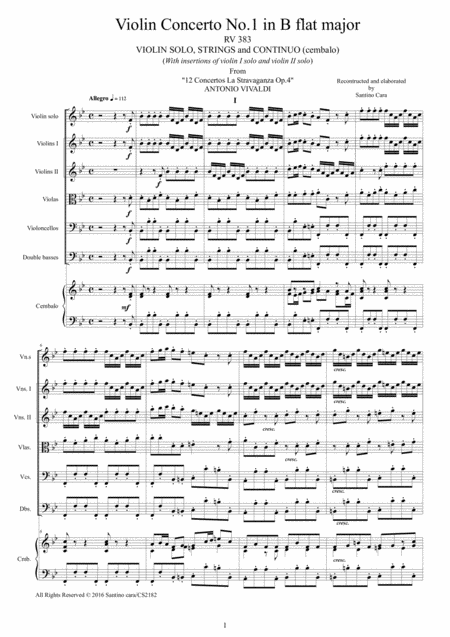 Vivaldi Violin Concerto No 1 In B Flat Major Op 4 Rv 383 For Violin Solo Strings And Continuo Sheet Music