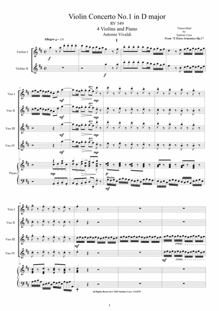 Vivaldi Violin Concerto No 1 In D Major Rv 549 Op 3 For 4 Violins And Piano Sheet Music