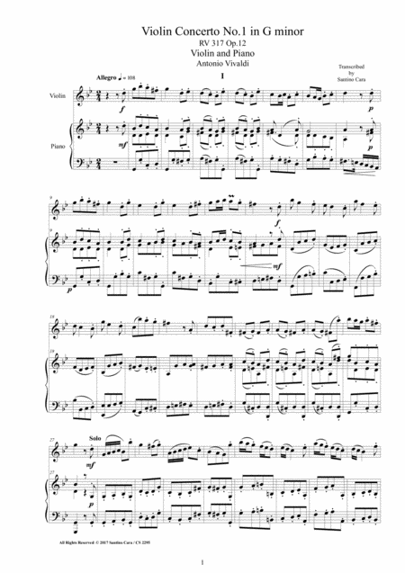 Vivaldi Violin Concerto No 1 In G Minor Rv 317 Op 12 For Violin And Piano Sheet Music